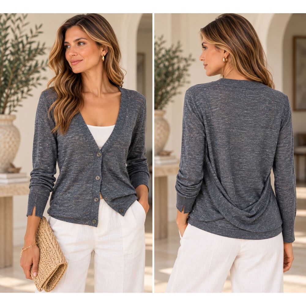 Brochu Walker Linen Cardigan Sweater Dark Gray Twist Detail Button Up V-Neck XS